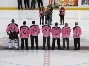 Pre-game centre ice introduction of the decade fundraising chairs